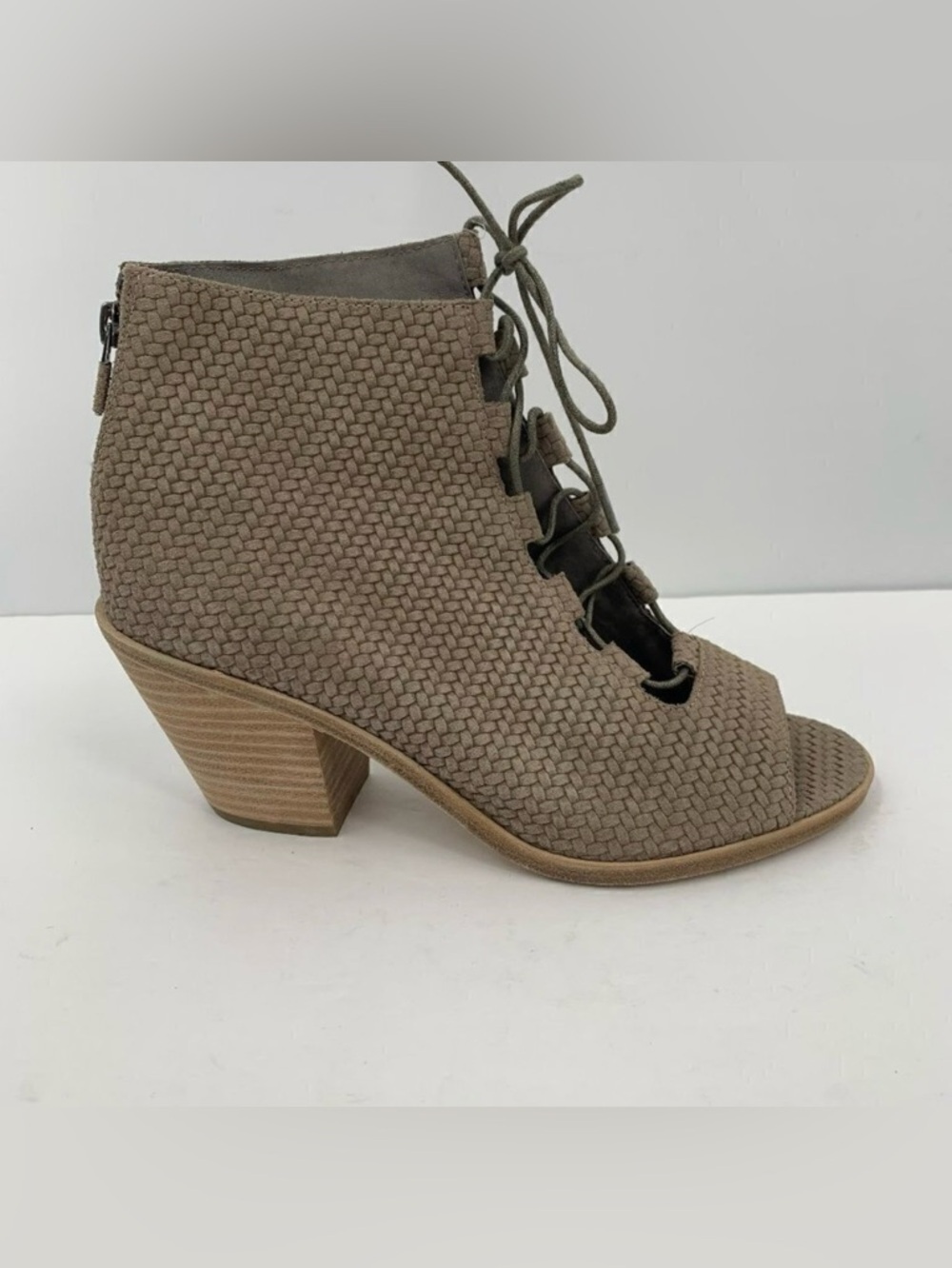 Eileen Fisher Slew woven peeptoe booties boot shoe lace-up tie tan leather new 9